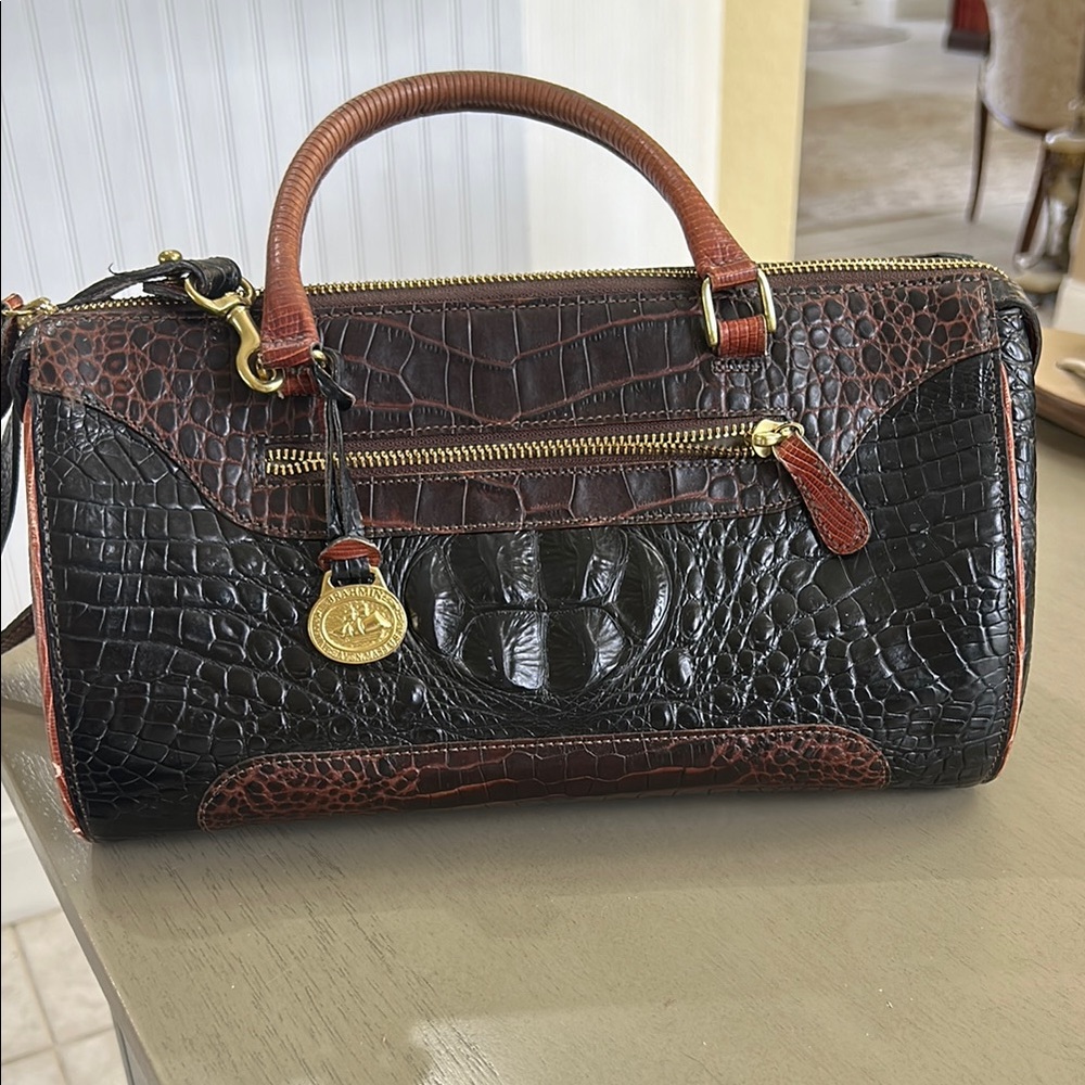 Brahmin Black and Brown Croc-Embossed Satchel